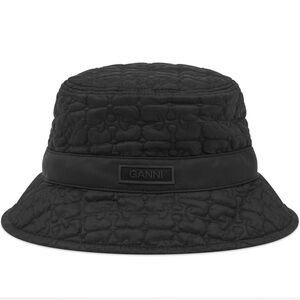 Ganni Quilted Logo Band Bucket Hat in Black